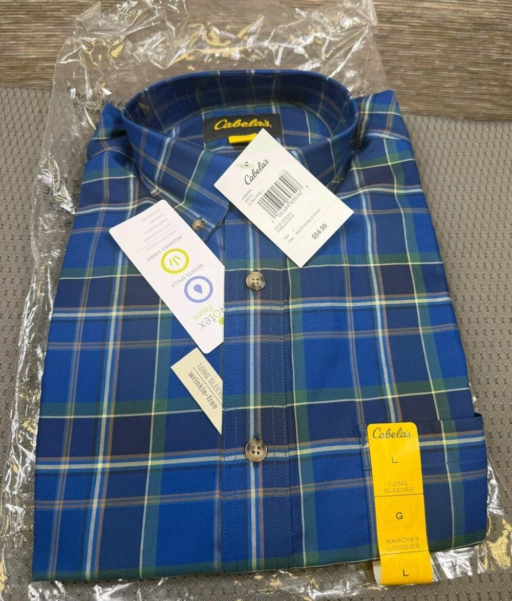 Cabela's Wolffish Blue Plaid Long Sleeve Button Up Shirt Men’s Size L NEW